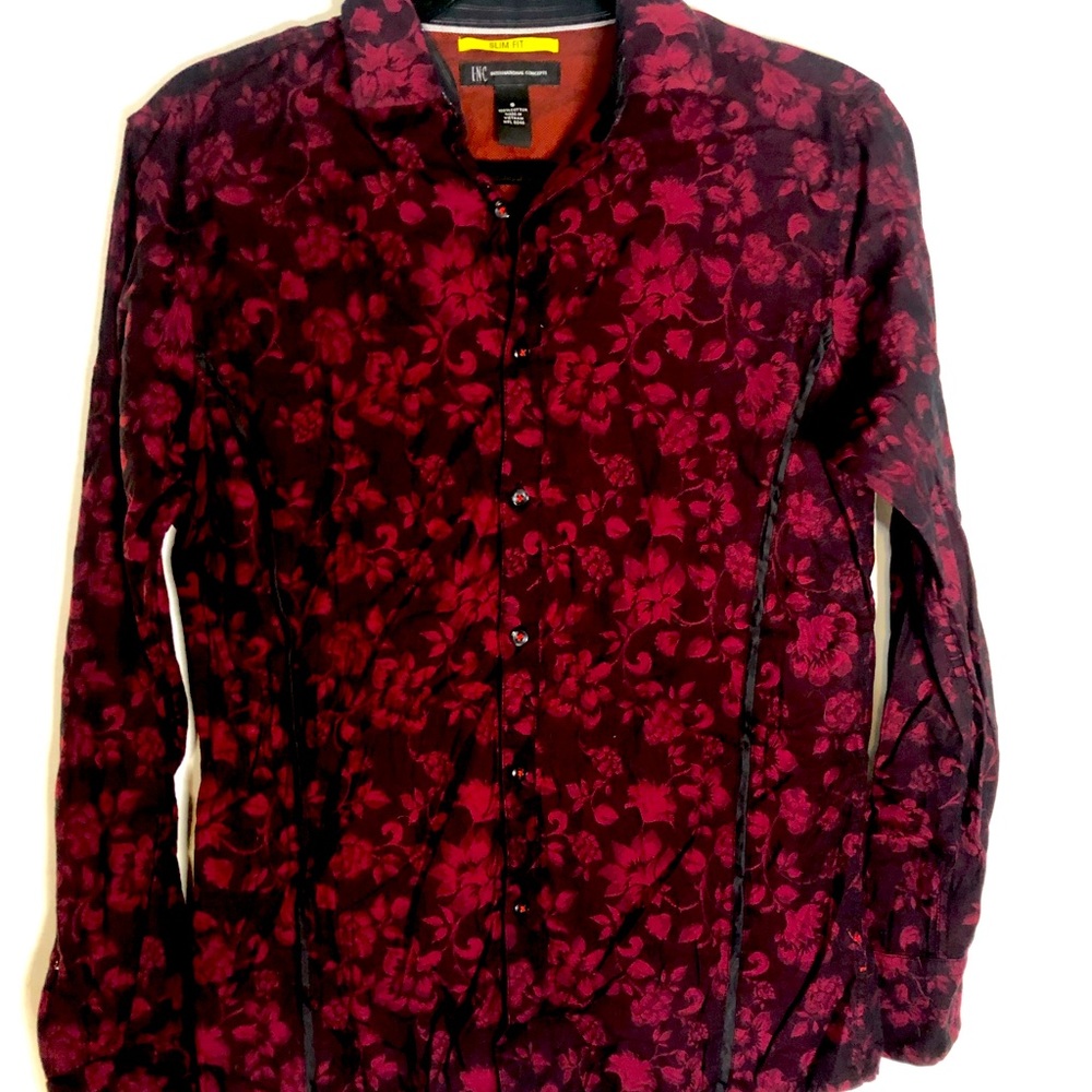 Inc mens slim fit red flowered small button down long sleeve shirt